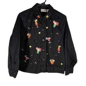 Breckenridge Black Embroidered Tropical Cocktail Drinks Jean Jacket‎ Petite Med